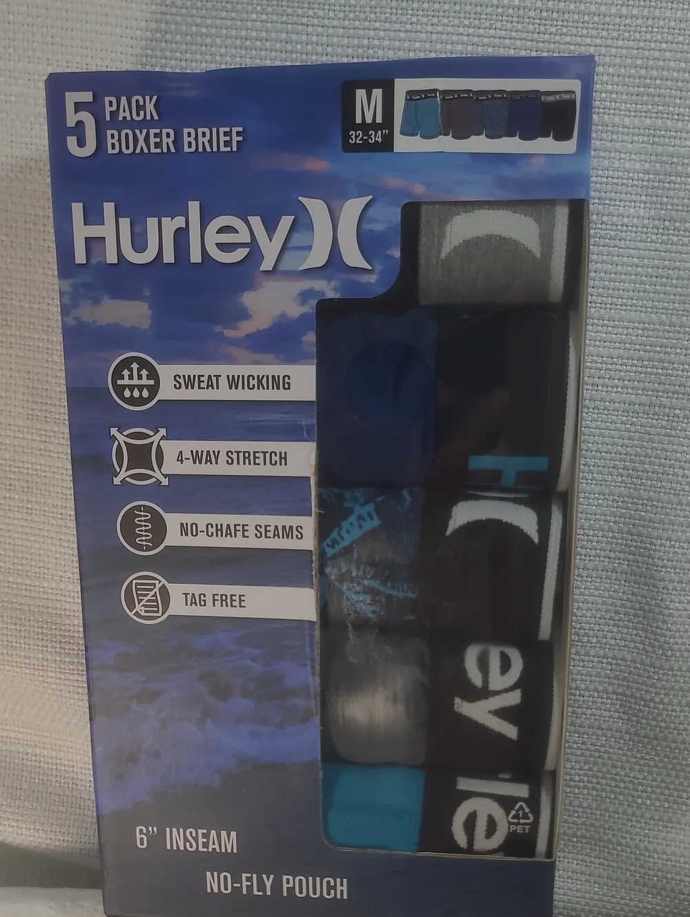 Hurley Men’s Boxer Brief 5-Pack - Black, Blue & Teal Accents Size Medium New